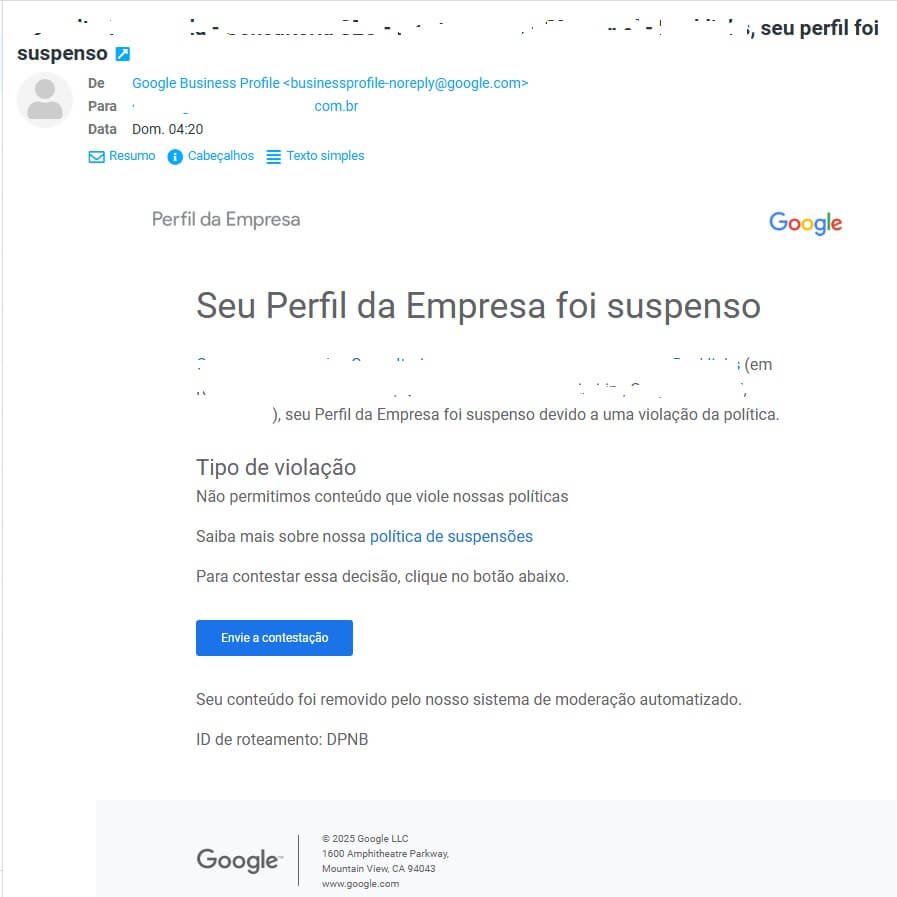 Seu Perfil da Empresa foi suspenso